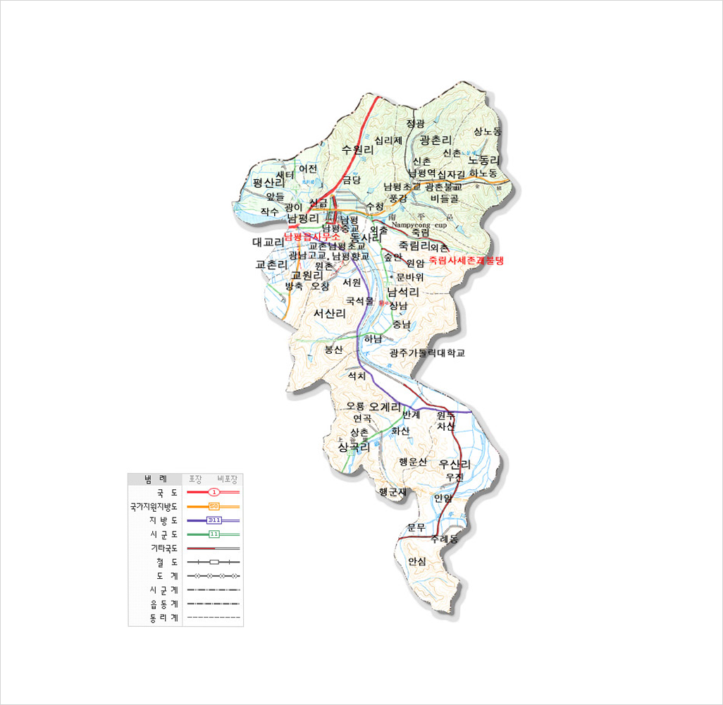 남평읍지도로 남평읍은 남평리, 대교리, 동사리, 교촌리, 교원리, 서산리, 오계리, 상곡리, 우산리, 남석리, 풍림리, 노동리, 광촌리, 수원리, 광이리, 평산리가 위치해 있다. 범례 빨간색 1번 동그라미 선은 국도, 노란색 58번 네모칸 선은 국가지원지방도, 파란색 311번 네모칸선은 지방도, 초록색 11번 네모칸 선은 시군도, 반으로 갈라져있는 선은 기타국도, 네모칸과 세로선이 반복된 선은 철도, 동그라미안에 점 모양이 반복된 선은 도계, 점모양이 두개씩 반복된 선은 시군계, 점모양이 하나만 반복된 선은 읍동계, 가로선만 반복된 선은 동리계 표시 된 남평읍 안내지도