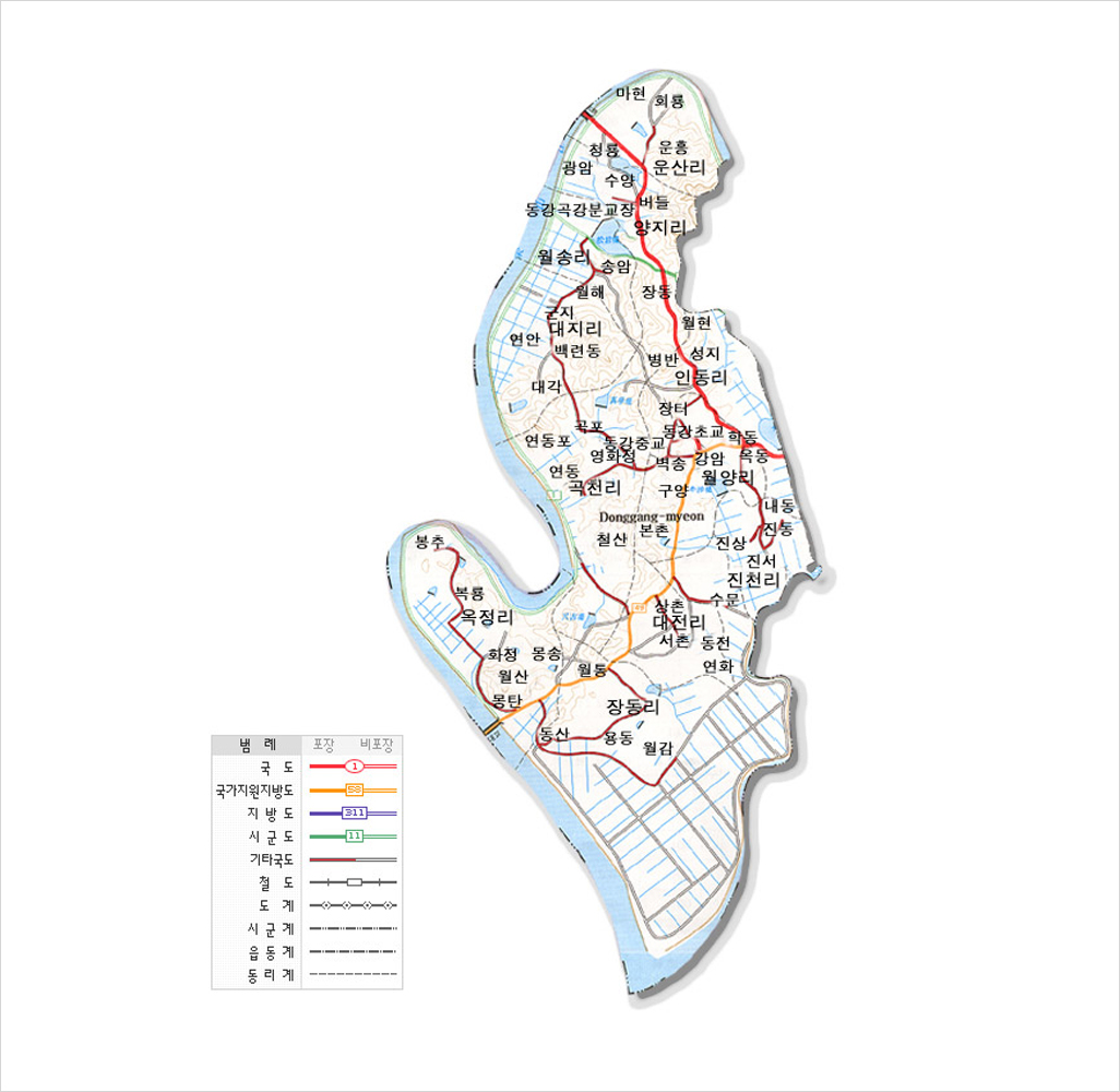 동강면 안내지도로 동강면에는 양지리, 월송리, 곡천리, 월양리, 대전리, 장동리, 옥정리가 위치해 있다. 범례 빨간색 1번 동그라미 선은 국도, 노란색 58번 네모칸 선은 국가지원지방도, 파란색 311번 네모칸선은 지방도, 초록색 11번 네모칸 선은 시군도, 반으로 갈라져있는 선은 기타국도, 네모칸과 세로선이 반복된 선은 철도, 동그라미안에 점 모양이 반복된 선은 도계, 점모양이 두개씩 반복된 선은 시군계, 점모양이 하나만 반복된 선은 읍동계, 가로선만 반복된 선은 동리계 표시 된 동강면 안내지도