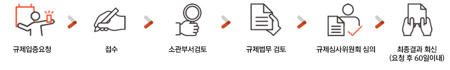 규제입증요청 → 접수 → 소관부서 검토 → 규제법무검토 → 규제심사위원회 심의 → 최종결과 회신 요청 후 60일 이내