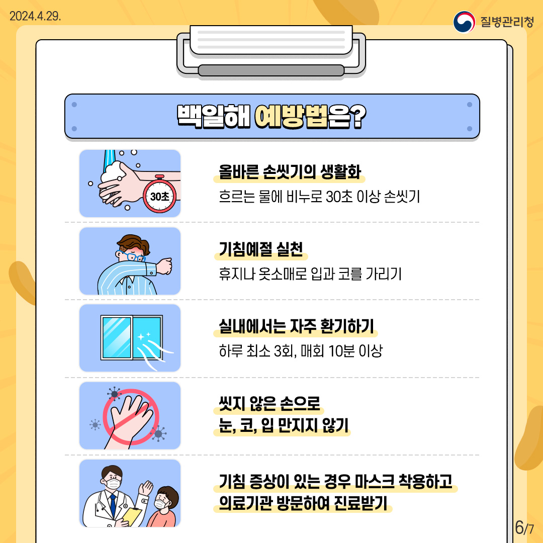 백일해 예방법은? 올바른 손씻기의 생활화 흐르는 물에 비누로 30초 이상 손씻기, 기침예절 실천 휴지나 옷소매로 입과 코를 가리기, 실내에서는 자주 환기하기 하루최소 3회 매회 10분이상, 씻지 않은 손으로 눈,코,입 만지지 않기 기침 증상이 있는 경우 마스크 착용하고 의료기관 방문하여 진료받기